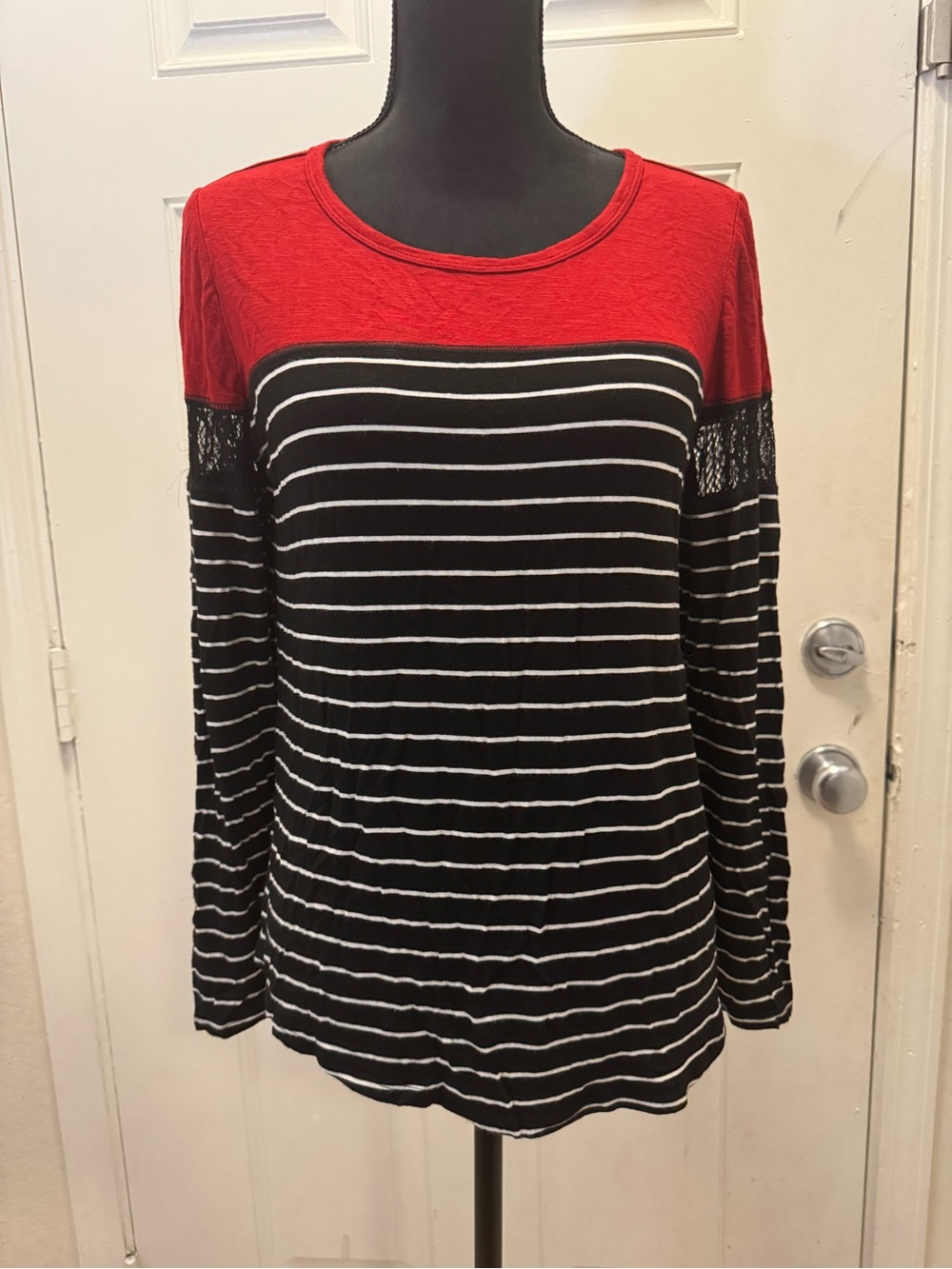 Maurices Red & Black Striped Long Sleeve Lace-Accent Top 0275